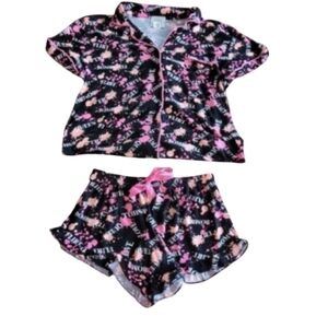 ⏰Mentally Exhausted Black and Pink Soft Ruffled Pajama Short Set Size Medium